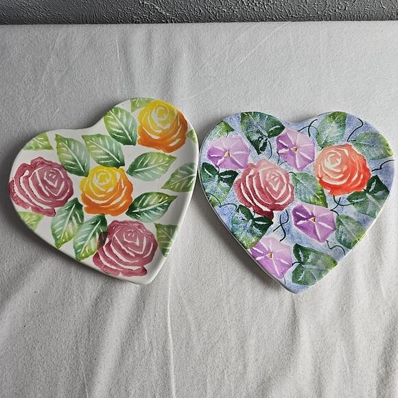 Ancora‎ Heart Trinket Dish Plate Handpainted Pink Purple Yellow Roses Petunias - Picture 1 of 6